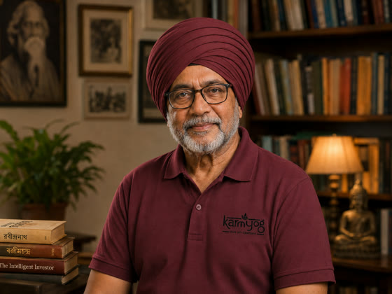 Subhas, the Bengali business mentor, in a maroon turban and KarmYog polo