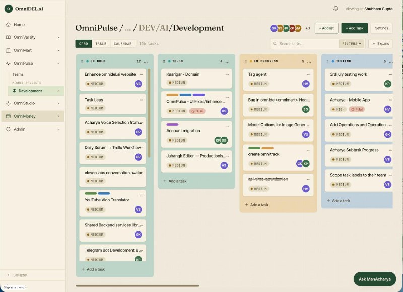 OmniPulse dashboard for the MSME: a Kanban board of every task with an Ask MahAcharya button in the corner